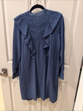 Hartford Slate Blue Ruffle-Front Long Sleeve Dress